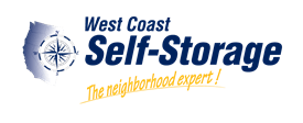 Logo of a compass and the west coast of the United States. Text: West Coast Self-Storage. The neighborhood expert!