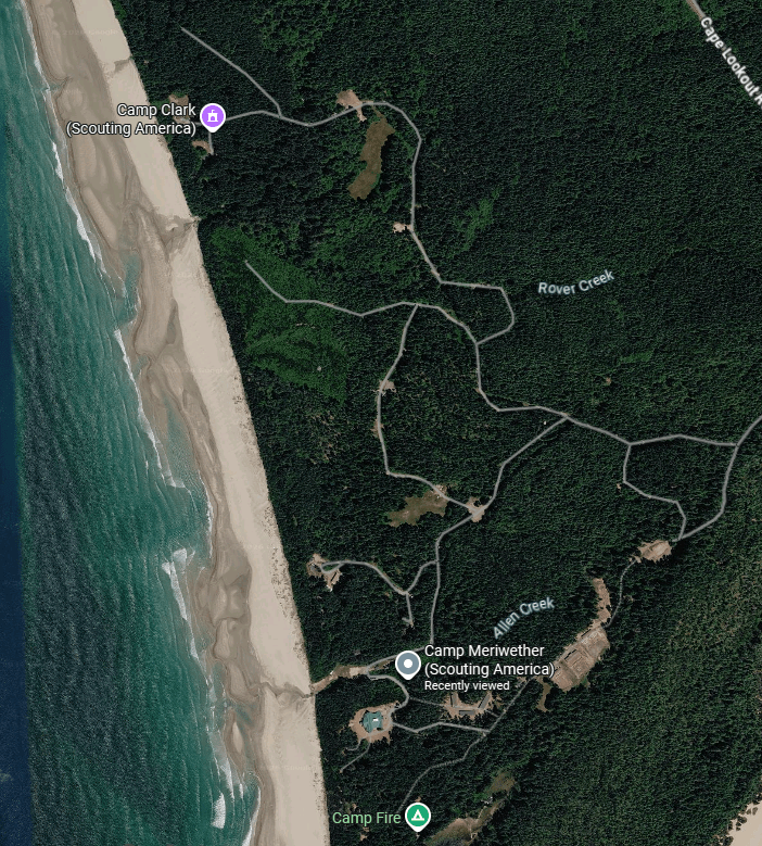 Map of Oregon Coast showing Camp Clark (Scouting America) being north of Camp Meriweather (Scouting America).
