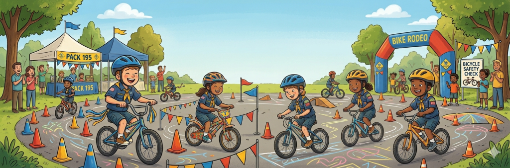 Scouts riding bikes on pavement with tents saying Pack 195 and an inflatable banner saying Bike Rodeo. There is a Bicycle Safety Check station. Adults are happily watching.