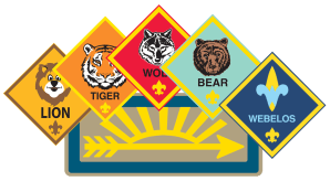 Patches for the ranks in cub scouts: Lion, Tiger, Wolf, Bear, Webelos, Arrow of Light